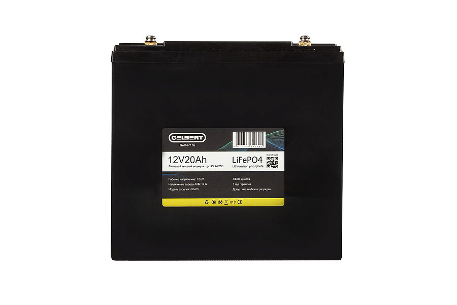 Литиевый тяговый аккумулятор Gelbert LiFePO4 (12V/20Ah/20A/240Wh) [6-DZF-20, 6-DZM-20]